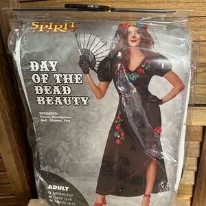 Spirit Katrina Adult Costume with Red and Black Accents and a floral headband,M